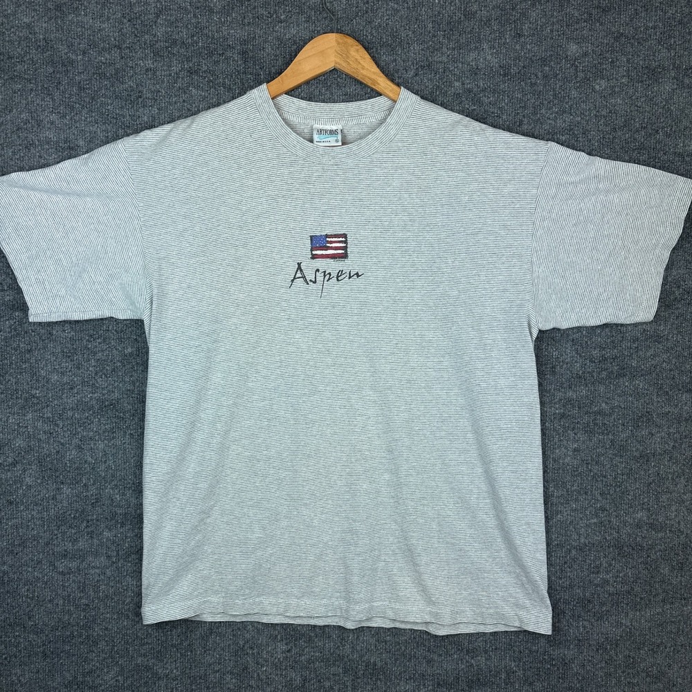 Vintage Single Stitch Aspen Colorado T-Shirt XL Grey Striped American Flag